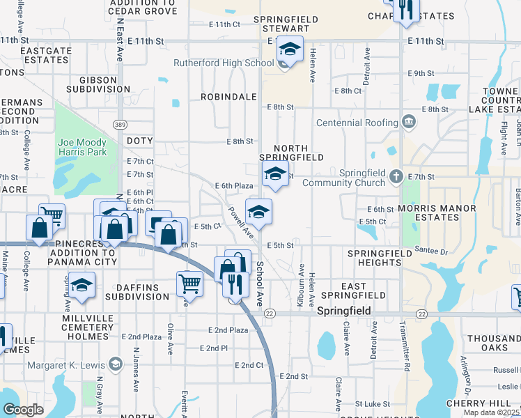 map of restaurants, bars, coffee shops, grocery stores, and more near 520 School Avenue in Panama City