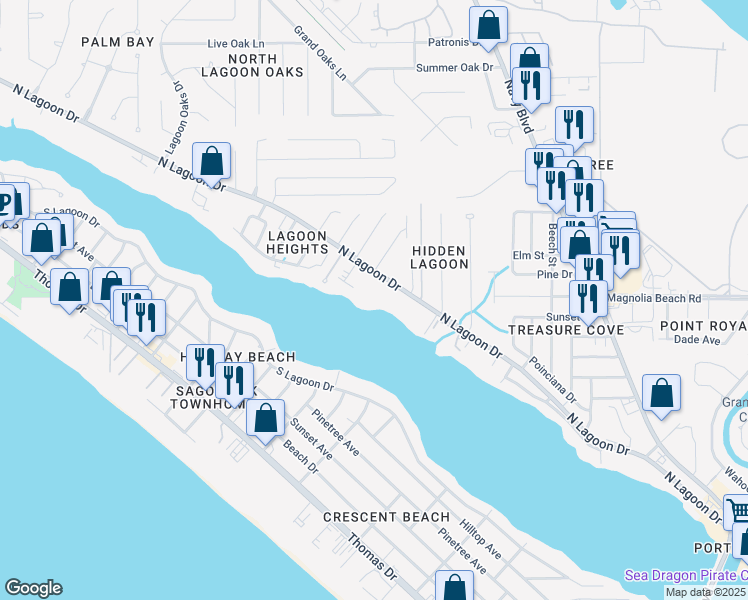 map of restaurants, bars, coffee shops, grocery stores, and more near 6901 North Lagoon Drive in Panama City Beach