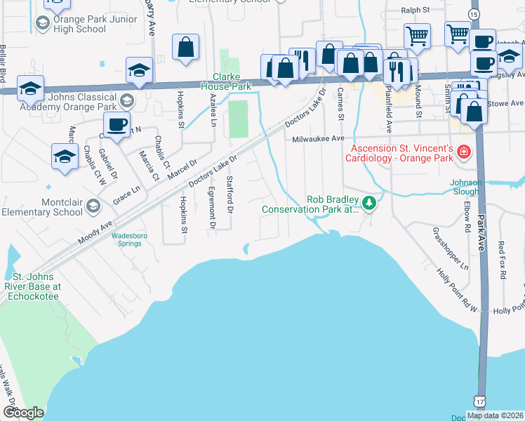 map of restaurants, bars, coffee shops, grocery stores, and more near 956 Sandpiper Lane in Orange Park