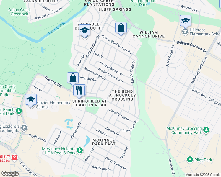 map of restaurants, bars, coffee shops, grocery stores, and more near 7904 Rosenberry Drive in Austin