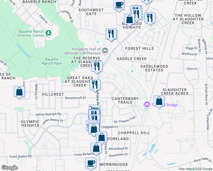 map of restaurants, bars, coffee shops, grocery stores, and more near 1735 Canon Yeomans Trail in Austin
