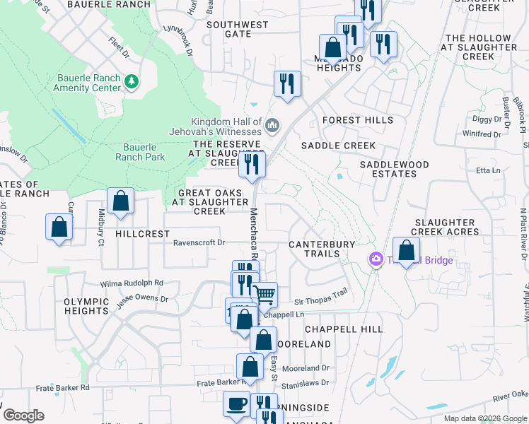 map of restaurants, bars, coffee shops, grocery stores, and more near 1837 Friars Tale Lane in Austin