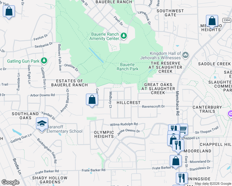 map of restaurants, bars, coffee shops, grocery stores, and more near 2504 Regal Park Lane in Austin