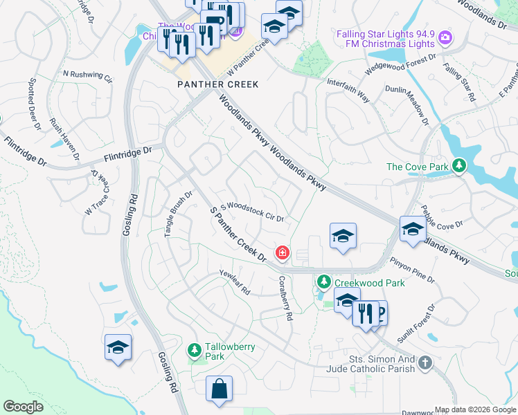 map of restaurants, bars, coffee shops, grocery stores, and more near 1 Rock Pine Court in Spring