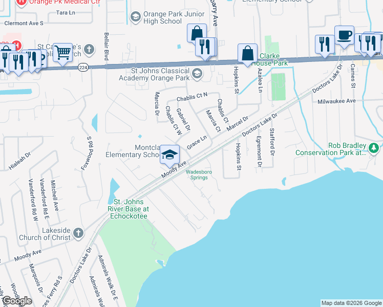 map of restaurants, bars, coffee shops, grocery stores, and more near 2388 Grace Lane in Orange Park