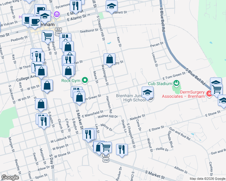 map of restaurants, bars, coffee shops, grocery stores, and more near 1301 Washington Street in Brenham