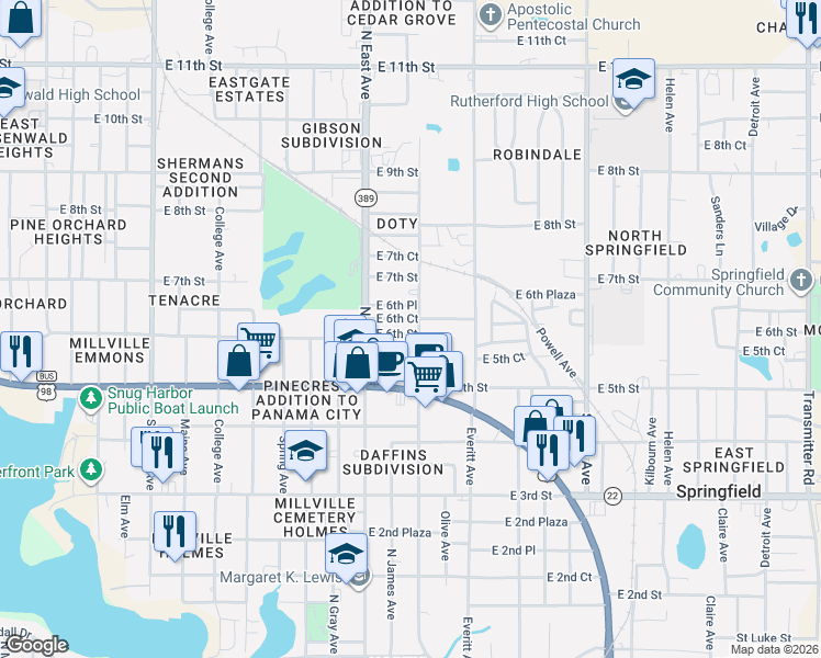 map of restaurants, bars, coffee shops, grocery stores, and more near 604 Kraft Avenue in Panama City