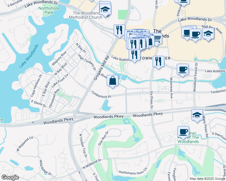 map of restaurants, bars, coffee shops, grocery stores, and more near 2002 Timberloch Place in Spring
