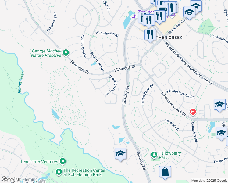 map of restaurants, bars, coffee shops, grocery stores, and more near 134 North Trace Creek Drive in Spring