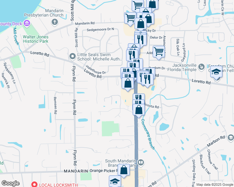 map of restaurants, bars, coffee shops, grocery stores, and more near 11741 Paddock Gates Drive in Jacksonville