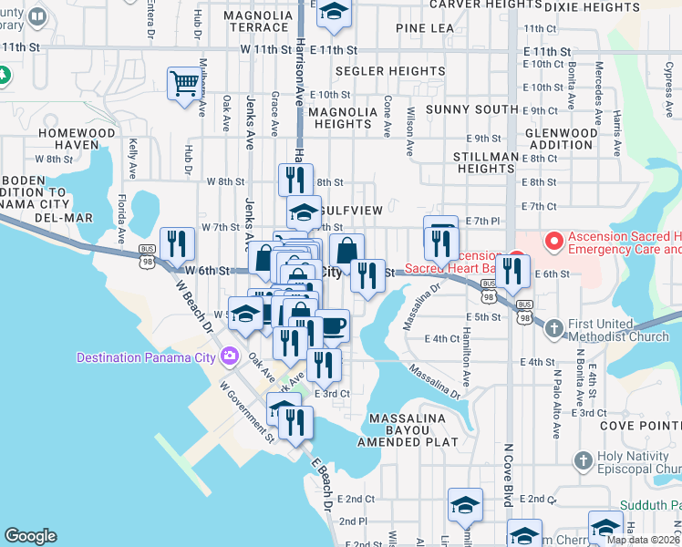 map of restaurants, bars, coffee shops, grocery stores, and more near 601 Magnolia Avenue in Panama City