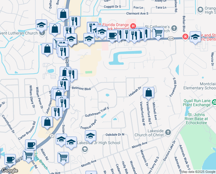 map of restaurants, bars, coffee shops, grocery stores, and more near 2036 Pompano Parkway in Orange Park