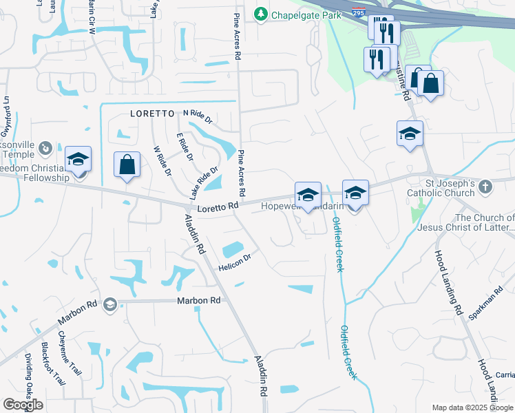 map of restaurants, bars, coffee shops, grocery stores, and more near 3825 Reds Gait Lane in Jacksonville