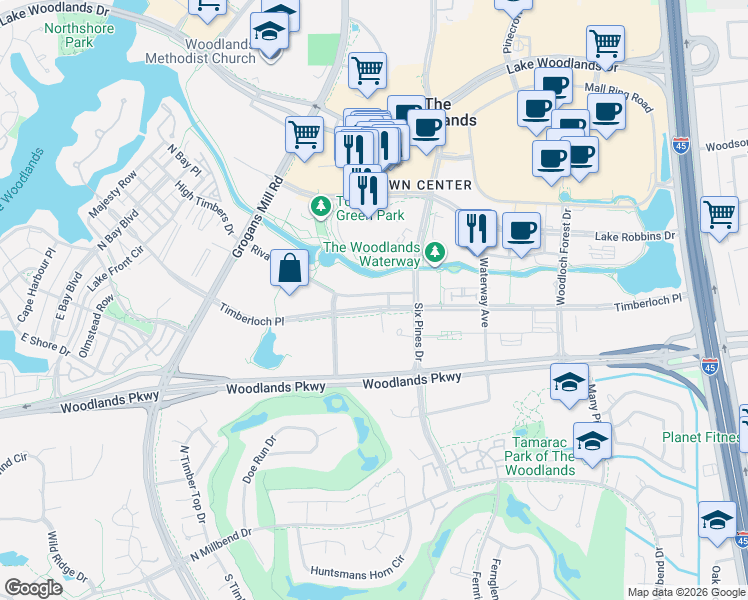map of restaurants, bars, coffee shops, grocery stores, and more near 30 Riva Row in Spring