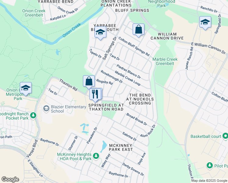map of restaurants, bars, coffee shops, grocery stores, and more near 8004 Running Water Drive in Austin