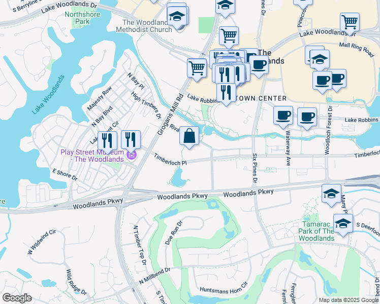 map of restaurants, bars, coffee shops, grocery stores, and more near 2002 Timberloch Place in Spring