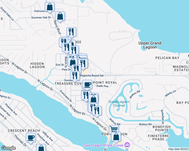 map of restaurants, bars, coffee shops, grocery stores, and more near 7092-7250 Magnolia Beach Road in Panama City