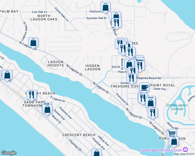 map of restaurants, bars, coffee shops, grocery stores, and more near 3643 Courtney Drive in Panama City Beach
