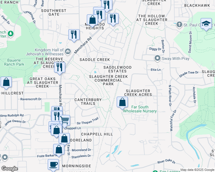 map of restaurants, bars, coffee shops, grocery stores, and more near 10715 Razil Court in Austin