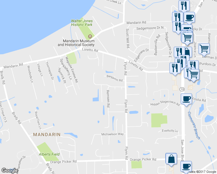 map of restaurants, bars, coffee shops, grocery stores, and more near 11800 Remsen Road in Jacksonville