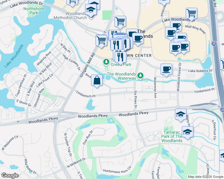map of restaurants, bars, coffee shops, grocery stores, and more near 60 Riva Row in Spring