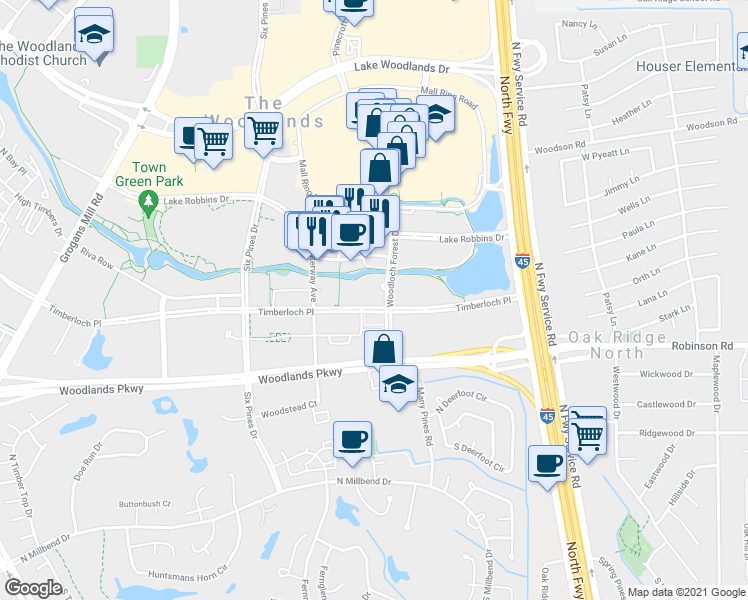 map of restaurants, bars, coffee shops, grocery stores, and more near 10001 Woodloch Forest Drive in Spring
