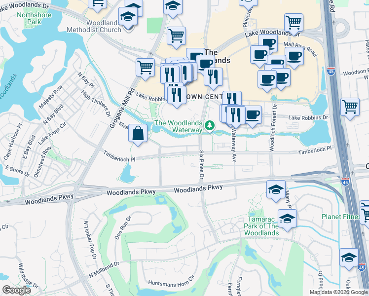 map of restaurants, bars, coffee shops, grocery stores, and more near 20 Riva Row in Spring