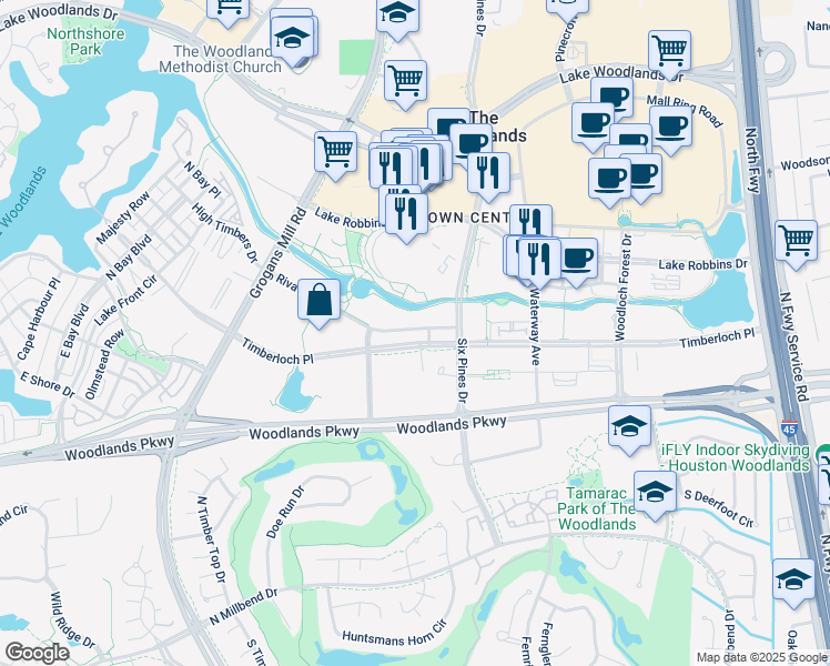map of restaurants, bars, coffee shops, grocery stores, and more near 28 Riva Row in Spring
