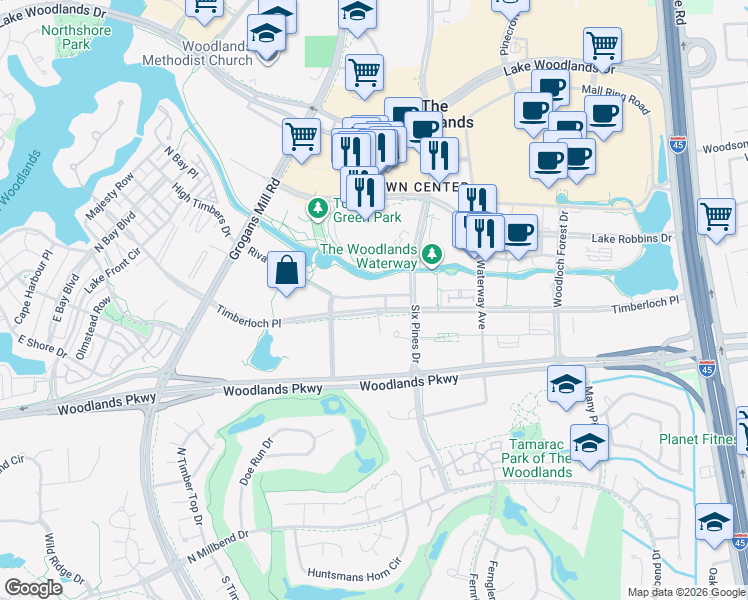 map of restaurants, bars, coffee shops, grocery stores, and more near 18 Riva Row in Spring