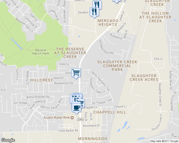 map of restaurants, bars, coffee shops, grocery stores, and more near 1735 Canon Yeomans Trail in Austin
