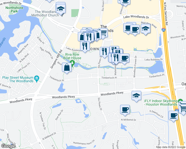 map of restaurants, bars, coffee shops, grocery stores, and more near 18 Riva Row in Spring