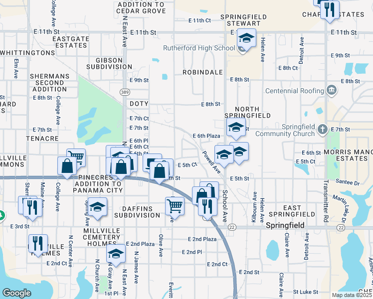 map of restaurants, bars, coffee shops, grocery stores, and more near 76 Springfield Avenue in Panama City