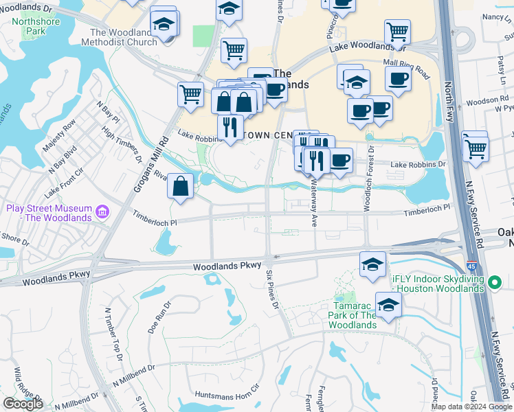 map of restaurants, bars, coffee shops, grocery stores, and more near 18 Riva Row in Spring