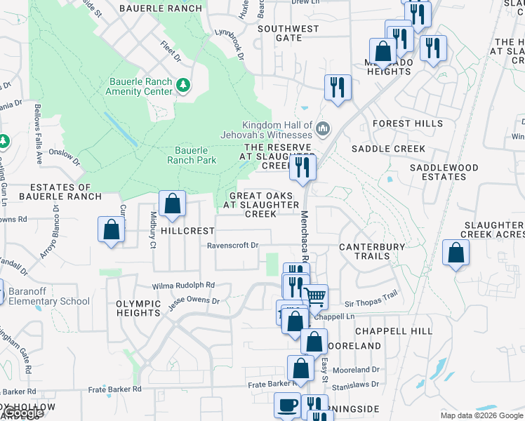 map of restaurants, bars, coffee shops, grocery stores, and more near 2104 Kaiser Drive in Austin
