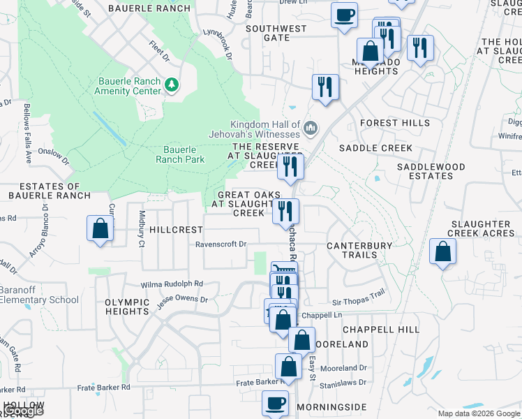 map of restaurants, bars, coffee shops, grocery stores, and more near 2104 Kaiser Drive in Austin
