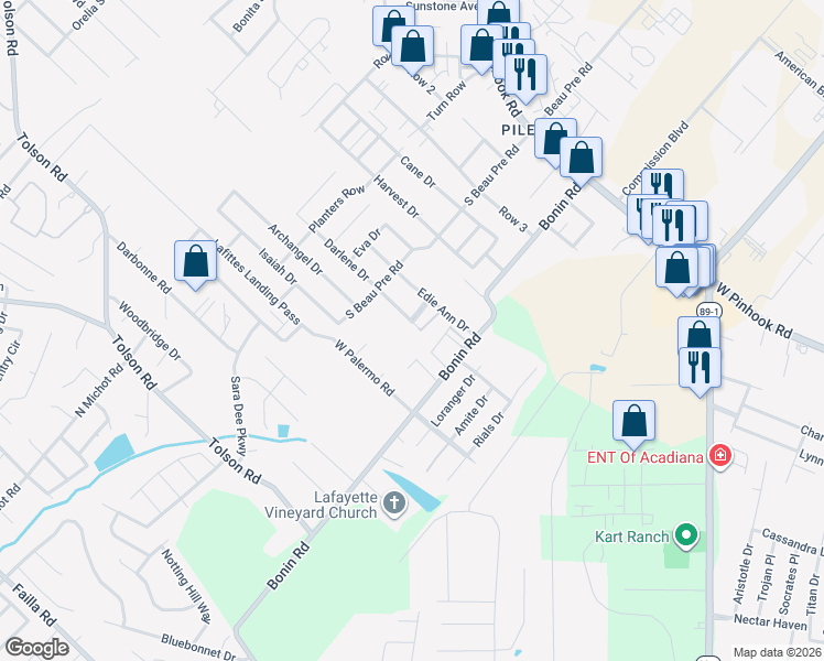 map of restaurants, bars, coffee shops, grocery stores, and more near 103 Darlene Drive in Lafayette