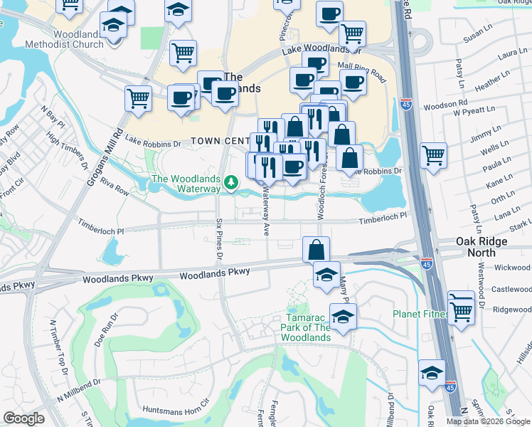 map of restaurants, bars, coffee shops, grocery stores, and more near Waterway Avenue in The Woodlands