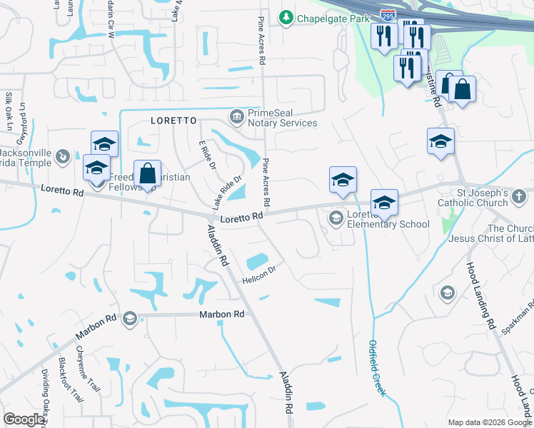 map of restaurants, bars, coffee shops, grocery stores, and more near Loretto Rd & Pine Acres Rd in Jacksonville