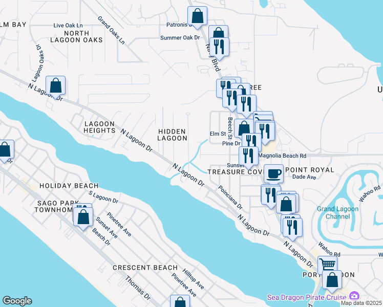 map of restaurants, bars, coffee shops, grocery stores, and more near 3657 Oakbrook Lane in Panama City Beach