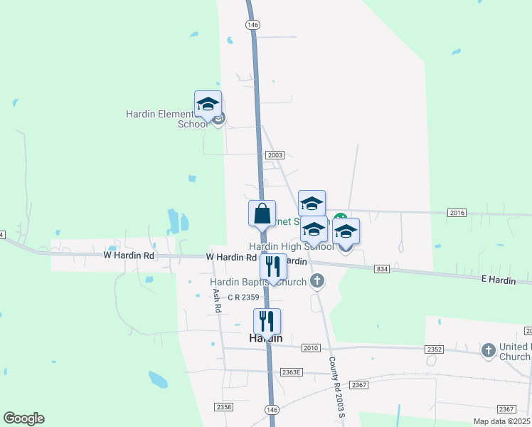 map of restaurants, bars, coffee shops, grocery stores, and more near in Hardin