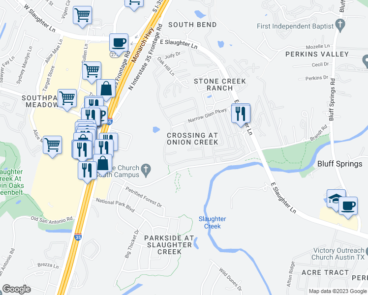 map of restaurants, bars, coffee shops, grocery stores, and more near 1902 Outwood Mill Lane in Austin