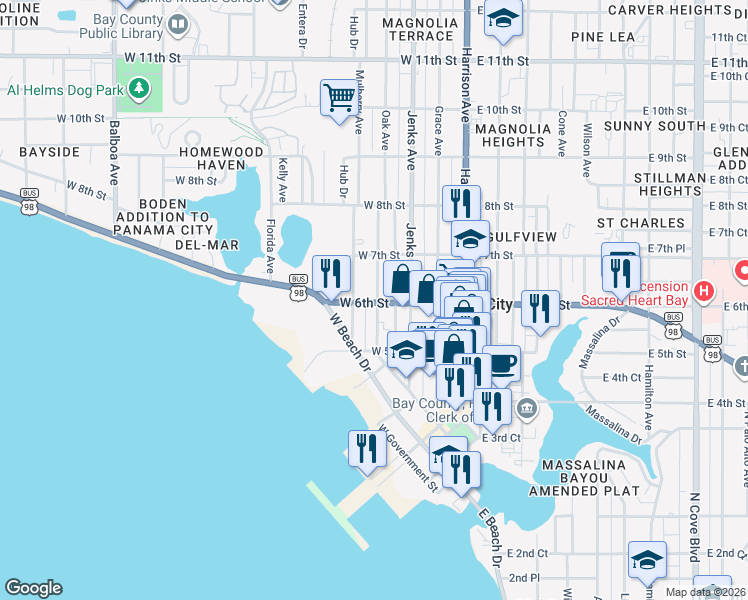 map of restaurants, bars, coffee shops, grocery stores, and more near 30 West 6th Street in Panama City