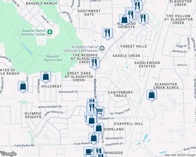 map of restaurants, bars, coffee shops, grocery stores, and more near 1837 Friars Tale Lane in Austin