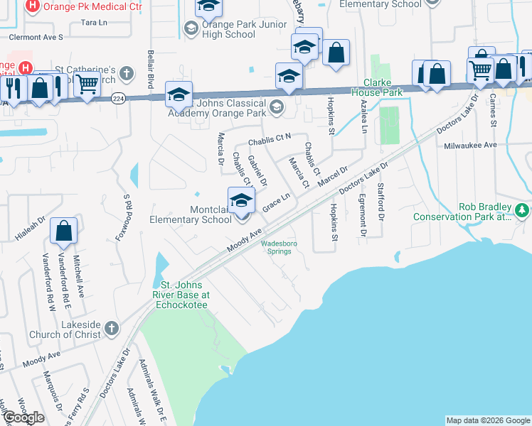 map of restaurants, bars, coffee shops, grocery stores, and more near 2388 Grace Lane in Orange Park