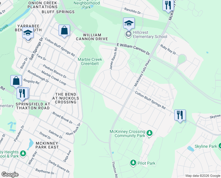 map of restaurants, bars, coffee shops, grocery stores, and more near 7601 Groundhog Way in Austin