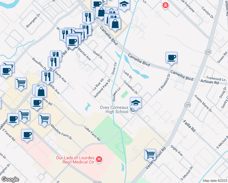 map of restaurants, bars, coffee shops, grocery stores, and more near 204 Student Lane in Lafayette