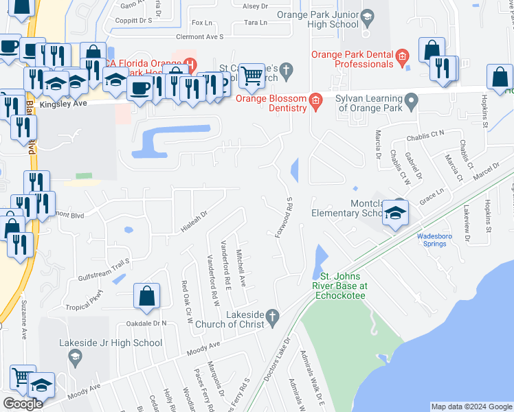 map of restaurants, bars, coffee shops, grocery stores, and more near 2037 Epsilon Court in Orange Park