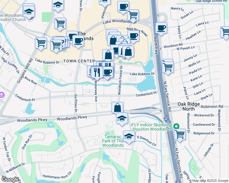 map of restaurants, bars, coffee shops, grocery stores, and more near 10001 Woodloch Forest Drive in Spring