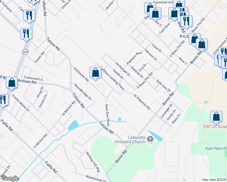 map of restaurants, bars, coffee shops, grocery stores, and more near 307 Barataria Bay Point in Lafayette