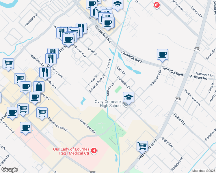 map of restaurants, bars, coffee shops, grocery stores, and more near 204 Student Lane in Lafayette